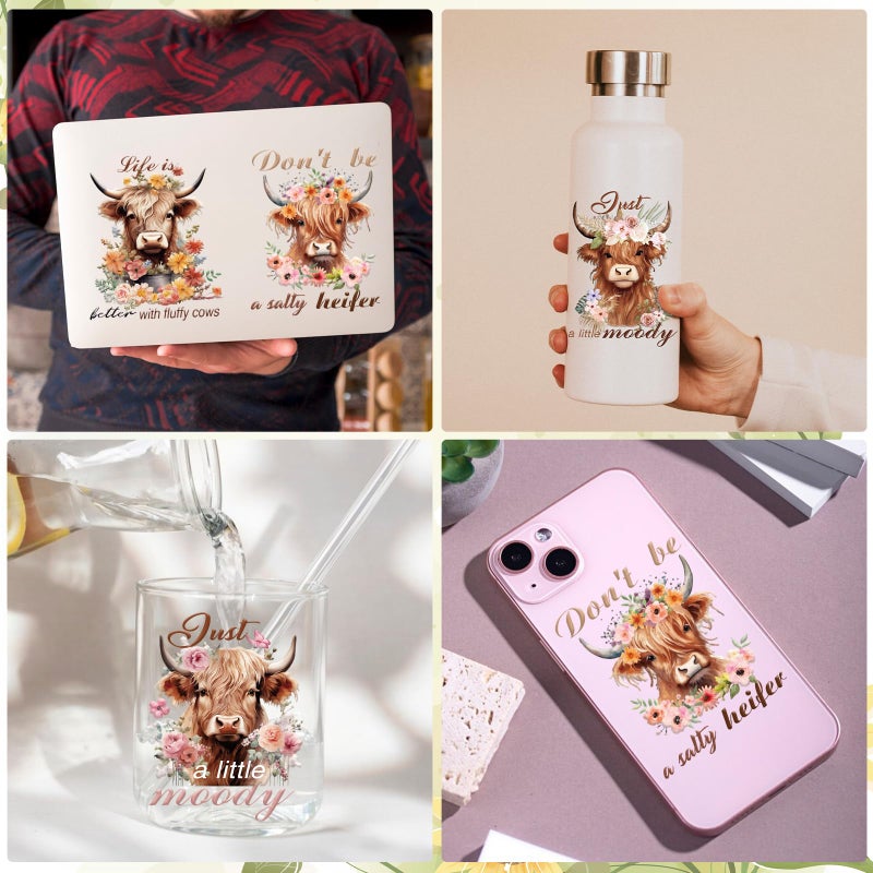 Rngmsi UV DTF Cup Wrap - 20 Sheets Highland Cow UV DTF Cup Wraps for 16 oz, Sunflower Uvdtf Decals, Waterproof Personalized Rub on Transfer Stickers for Glass, DIY Wood Crafts - Image 4
