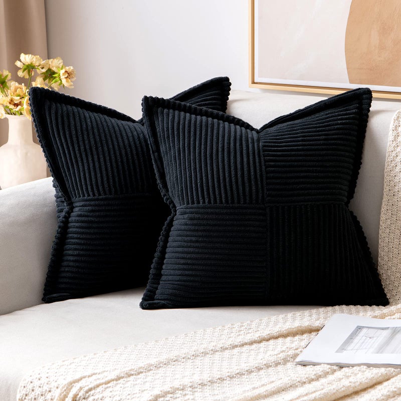 MIULEE Corduroy Cushion Covers Pack of 2 Decorative Modern Patchwork Throw Pillow Covers Soft Pillowcase Cushions for Home Spring decor Sofa Couch with Invisible Zipper 18x18 Inch Black