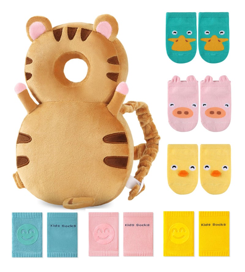 JunNeng Toddler Baby Head Protector Backpack for Toddler Walker with Knee Pads&Anti-Slip Socks, Tiger - Image 1