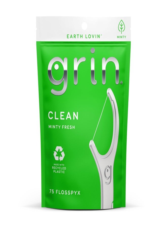 GRIN Clean Flosspyx, Floss Picks, 75 Count, Dental Flossers, Minty Flavor, Recycled Plastic, Super Strong Fine Floss, Tight Teeth, Premium Longer Floss Head, Includes Safe Fold-Back Tooth Pick - Image 1