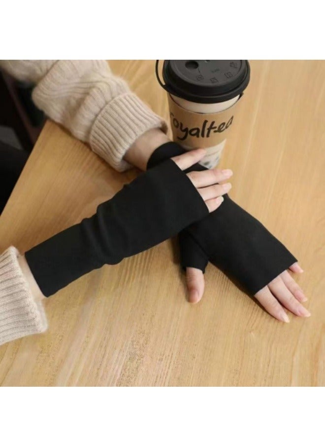 قفازات دافئة لفصل الخريف والشتاء، قفازات بدون أصابع تعمل باللمس بنصف أصابع، لون أسود - Image 1