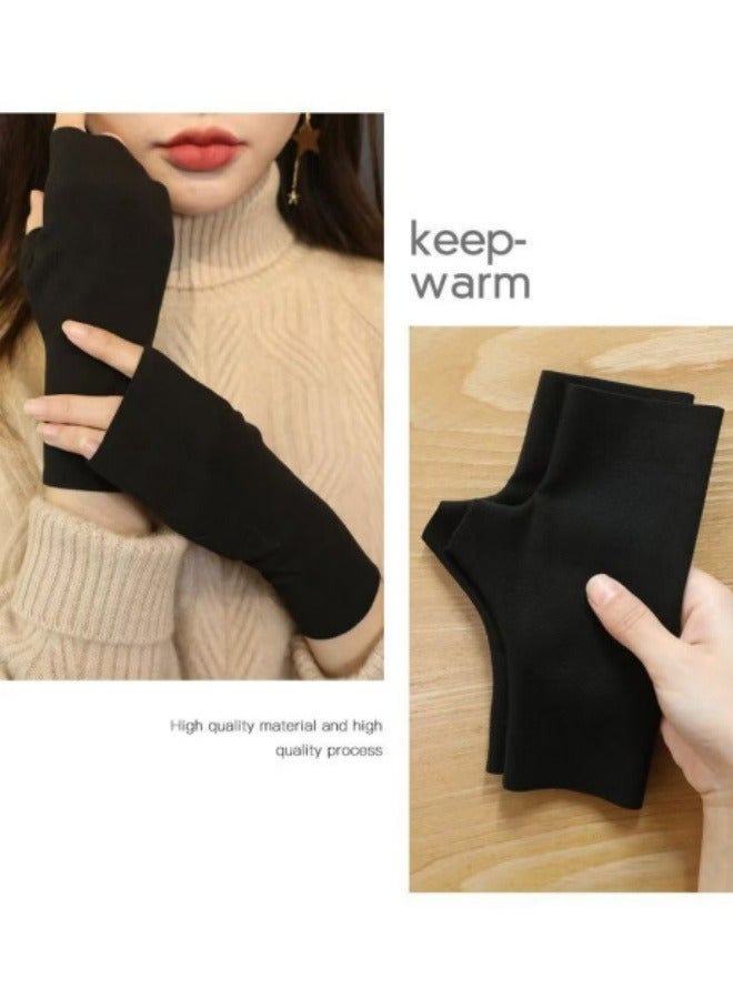 قفازات دافئة لفصل الخريف والشتاء، قفازات بدون أصابع تعمل باللمس بنصف أصابع، لون أسود - Image 2