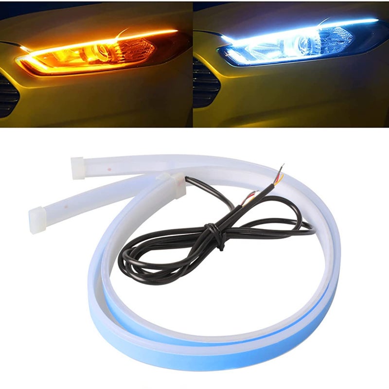 أضواء شريط LED للسيارة TEKSHINNY، 2 قطعة 24 بوصة شريط مصابيح أمامية LED مرنة بألوان مزدوجة، ضوء إشارة انعطاف أبيض وأصفر، شريط ضوء تشغيل نهاري مقاوم للماء للشاحنة SUV
