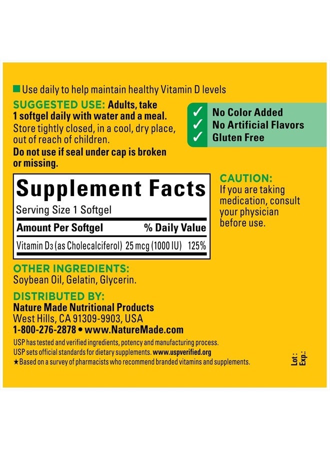 Nature Made Vitamin D3 1000 IU (25 mcg) Softgel, Dietary Supplement for Bone, Teeth, Muscle and Immune Health Support, 300 Day Supply,300 Count (Pack of 1) - Image 5