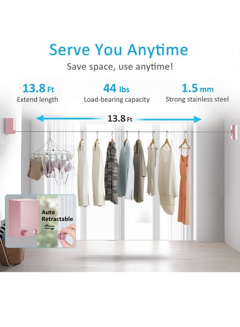 Retractable Clothesline, Adjustable Clothing Rope Indoor Outdoor with ABS Case+ Aluminum, Heavy Duty Stainless Steel Line Wall Mounted Laundry Drying String, Hotel Style 13.8 Feet - Pink - Image 2