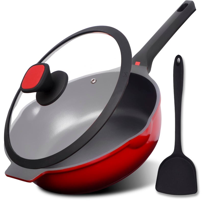 DIIG Nonstick Deep Frying Pan Skillet with Lid 12 inch 55 QT Saute Pan with Silicone Spatula Sauce Cookware Cooking Chef Pans Cast Aluminum Induction Compatible Ruby Red