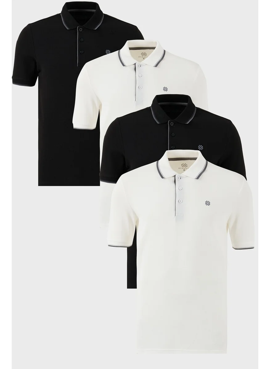 بوراتي Cotton Slim Fit Stripe Detailed Buttoned Polo Collar 4-Piece T Shirt Men's T Shirt 5902118S4
