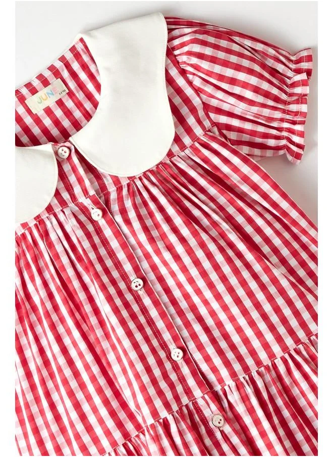 JUNE June Neck Checked Dress Fuchsia