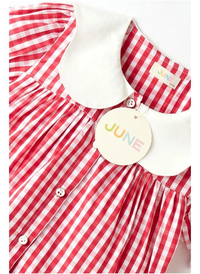 JUNE June Neck Checked Dress Fuchsia