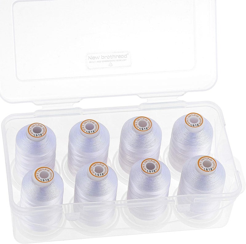 New brothread Polyester Embroidery Machine Thread 1000m Each with Clear Plastic Storage Box for Embroidery & Quilting - 8xSnow White - Image 1