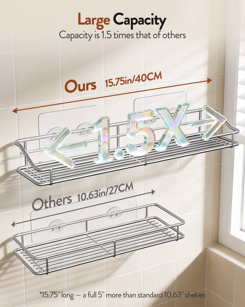 Orimade Bathroom Shelf Organizer Shower Caddy Storage Kitchen Rack with Traceless Transparent Adhesive No Drilling SUS304 Stainless Steel, 15.75 inch, Silver - Image 2