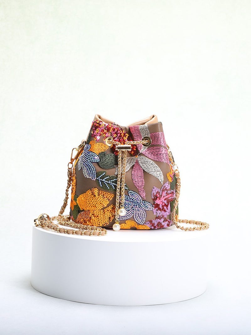 New Chinese Style Vintage National Style Bucket Bag Women'S New Arrival Heavy Craft Mesh Embroidered Flower Sequin Chain Crossbody Bag - Image 3