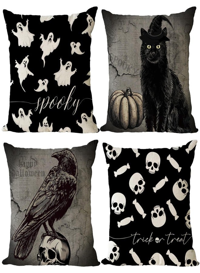 YeeJu Set of 4 Halloween Pillow Covers 18x18 Inch Spooky Skull Ghost Decor Throw Pillow Covers Black Cat Crow Halloween Cushion Covers Linen Pillow Cases for Home Outdoor Sofa Couch (18 by 18) - Image 1