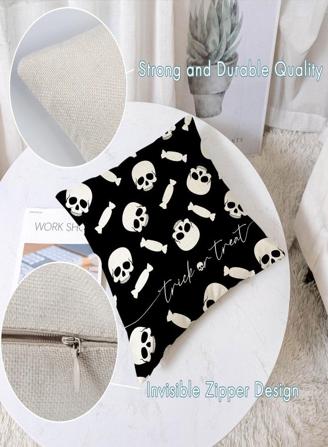 YeeJu Set of 4 Halloween Pillow Covers 18x18 Inch Spooky Skull Ghost Decor Throw Pillow Covers Black Cat Crow Halloween Cushion Covers Linen Pillow Cases for Home Outdoor Sofa Couch (18 by 18) - Image 3
