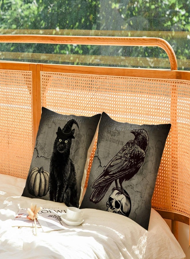 YeeJu Set of 4 Halloween Pillow Covers 18x18 Inch Spooky Skull Ghost Decor Throw Pillow Covers Black Cat Crow Halloween Cushion Covers Linen Pillow Cases for Home Outdoor Sofa Couch (18 by 18) - Image 4