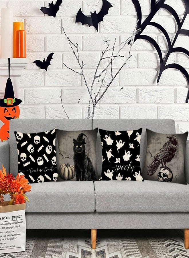 YeeJu Set of 4 Halloween Pillow Covers 18x18 Inch Spooky Skull Ghost Decor Throw Pillow Covers Black Cat Crow Halloween Cushion Covers Linen Pillow Cases for Home Outdoor Sofa Couch (18 by 18) - Image 5