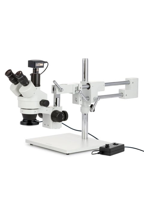 AmScope 35X90X SimulFocal Stereo Zoom Microscope on Boom Stand with 144LED Ring Light and 10MP USB3 Camera