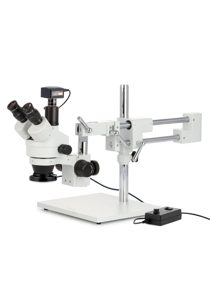 AmScope AmScope 35X90X SimulFocal Stereo Zoom Microscope on Boom Stand with 144LED Ring Light and 10MP USB3 Camera  - Image 1