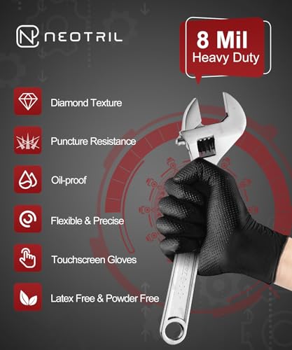 NEOTRIL قفازات نيتريل القابلة للتصرف بسمك 8 مل الثقيلة مع قبضة مطاطية بنمط الماس، خالية من اللاتكس والبودرة، قفازات ميكانيكية للتنظيف المنزلي، سوداء | 50 قطعة - Image 2