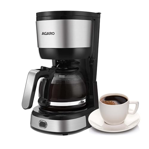 AGARO Royal 4 Big Cups Drip Coffee Maker, 600 Ml Borosilicate Glass Carafe Jar, 750W, Water tank with Level Indicator, Brewer Machine with Cone Filter, Auto Shut Off, Steel Body, Black & Silver - Image 1