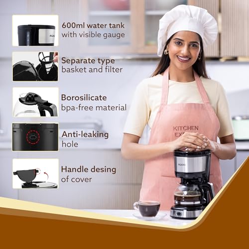 AGARO Royal 4 Big Cups Drip Coffee Maker, 600 Ml Borosilicate Glass Carafe Jar, 750W, Water tank with Level Indicator, Brewer Machine with Cone Filter, Auto Shut Off, Steel Body, Black & Silver - Image 5