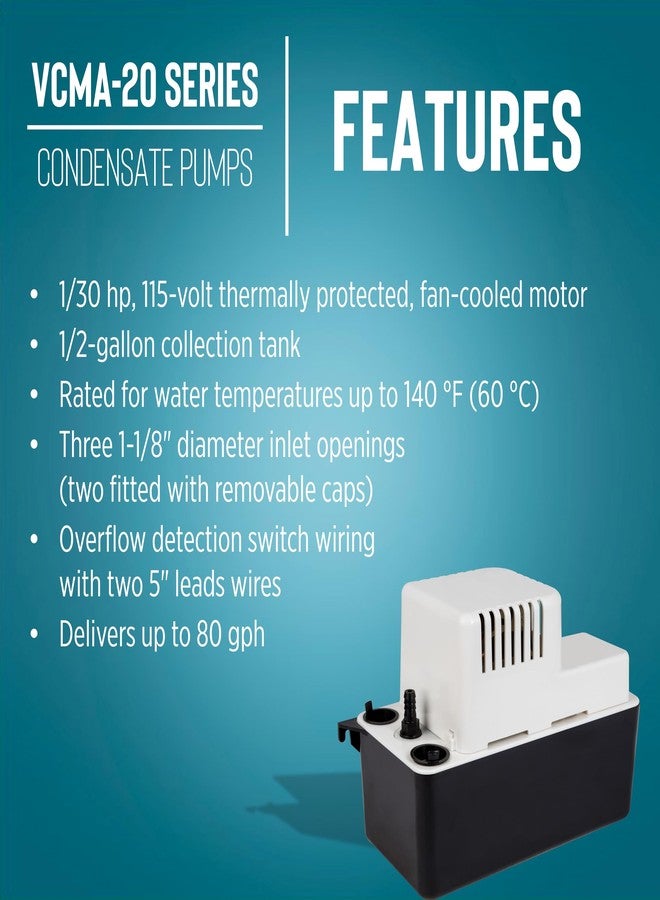 Little Giant VCMA-20ULS 115 Volt, 80 GPH, 1/30 HP Automatic Condensate Removal Pump for HVAC/Refrigeration Systems/Dehumidifiers with Overflow Detection Switch and 6-Foot Cord, White/Black, 554425 - Image 4