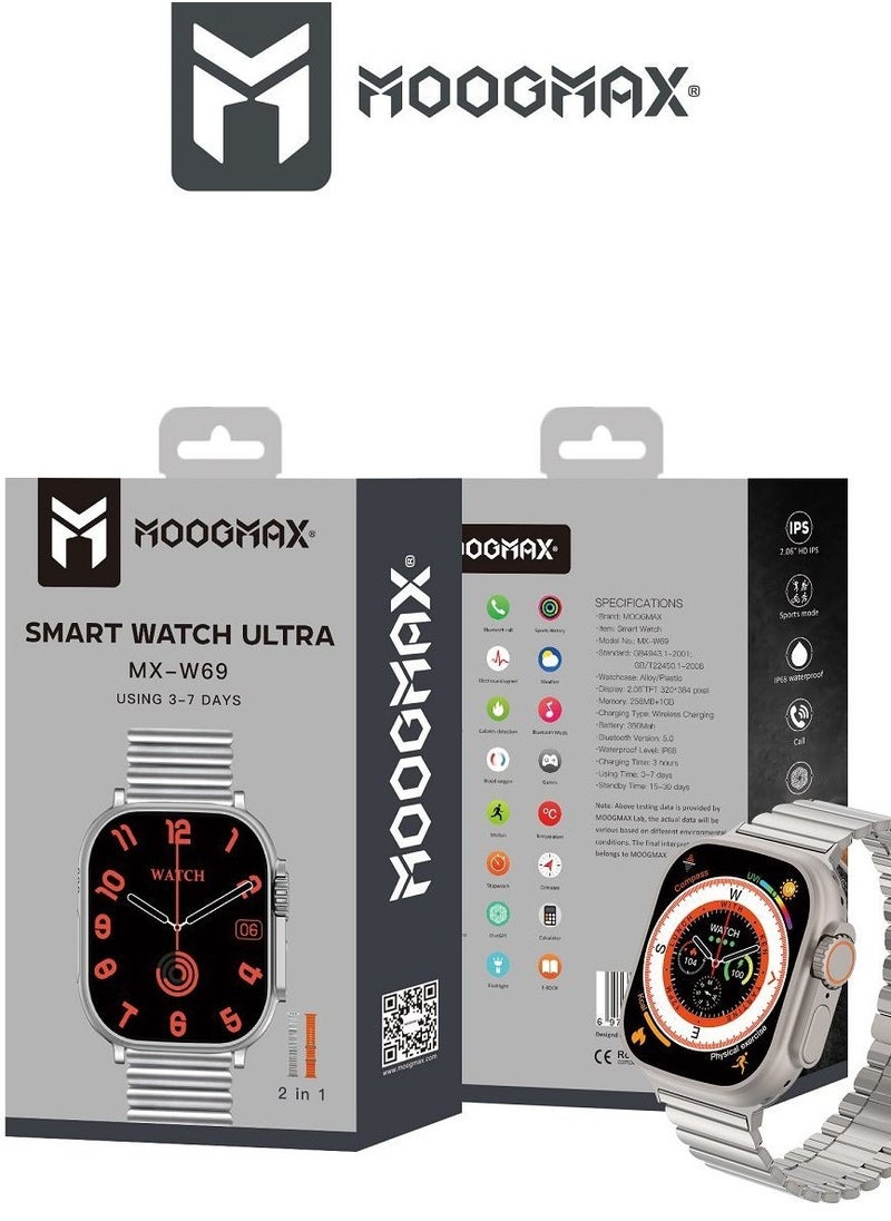 MOOGMAX - MoogMax (2nd Gen) ultra watch. IPX6 Water-resistant watch ultra. Smart touch watch with gesture-based call answering & answering from the watch using the built-in mic. smart watch ultra with a watch mobile app. Smart sports watch with all fitness measurements. smartwatch with wireless charging. Silver - Image 1
