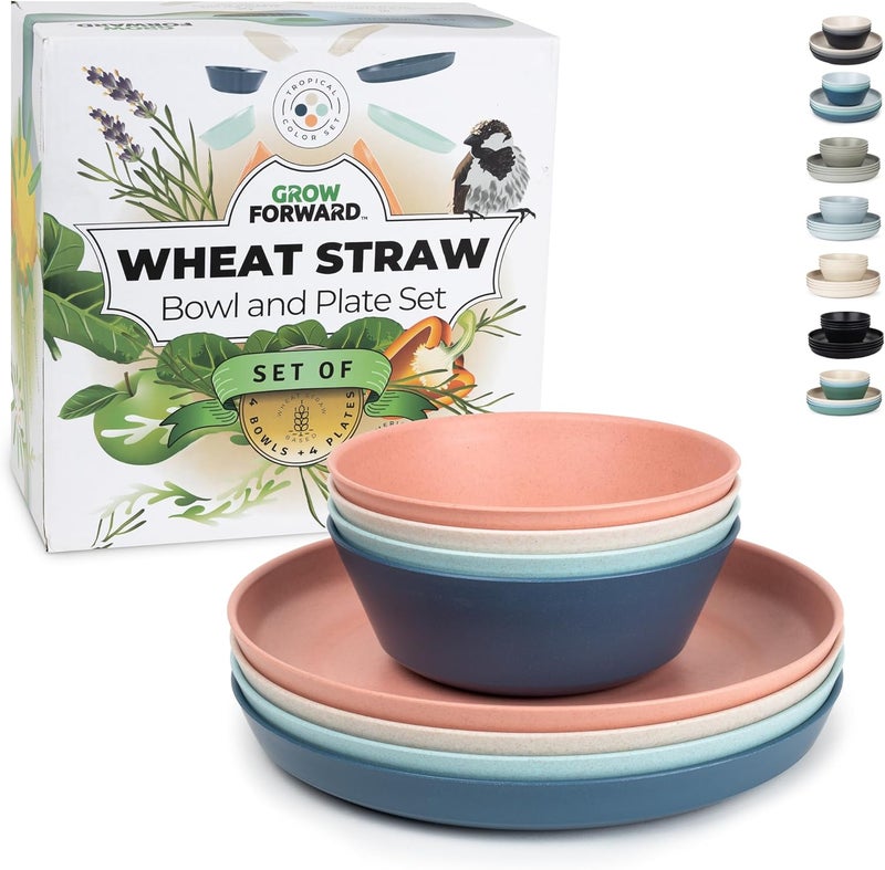 Grow Forward Premium Wheat Straw Plates and Bowls Sets  8Piece Wheat Straw Dinnerware Sets  Unbreakable  Reusable Microwave Safe Plastic Dinner Plates for Outdoors RV Camping Dishes  Tropical - Image 1