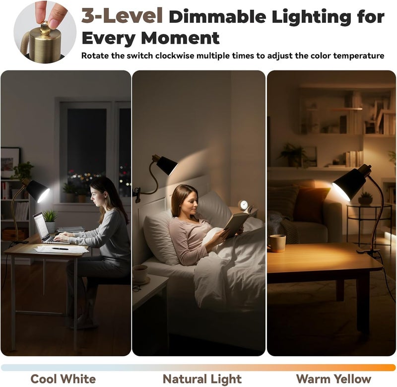 LALISU Desk lamp Eye-Caring Table Lamps, 360°Rotation Gooseneck Clip on Lamp Reading Light, Portable Reading Book Light, Clamp Light, Study Desk Lamps for Bedroom and Office Home Lighting (Black and Gold) - Image 2