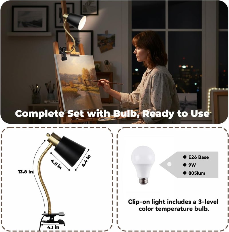 LALISU Desk lamp Eye-Caring Table Lamps, 360°Rotation Gooseneck Clip on Lamp Reading Light, Portable Reading Book Light, Clamp Light, Study Desk Lamps for Bedroom and Office Home Lighting (Black and Gold) - Image 5