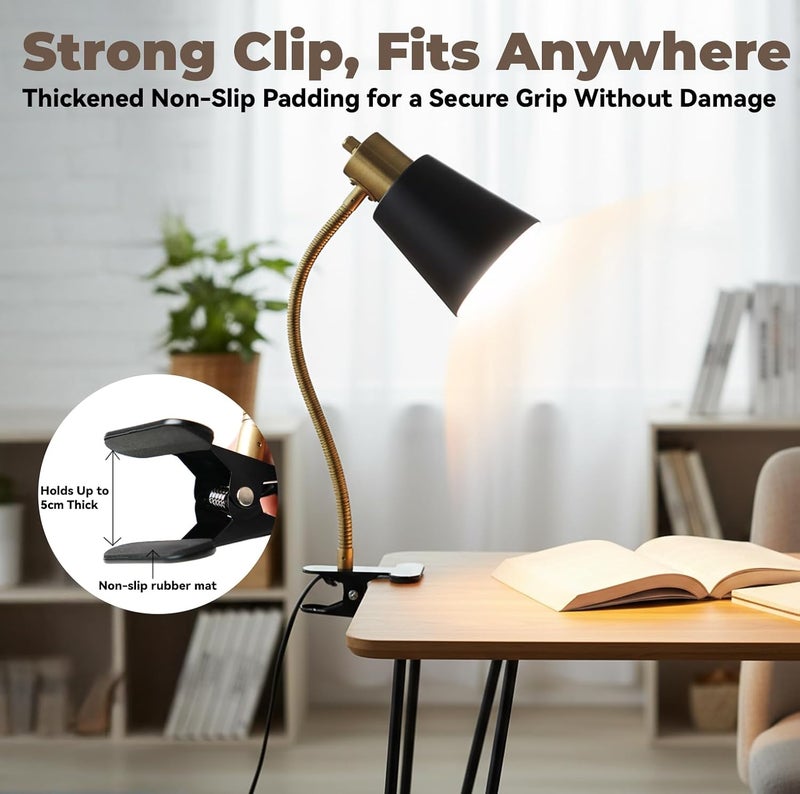 LALISU Desk lamp Eye-Caring Table Lamps, 360°Rotation Gooseneck Clip on Lamp Reading Light, Portable Reading Book Light, Clamp Light, Study Desk Lamps for Bedroom and Office Home Lighting (Black and Gold) - Image 3