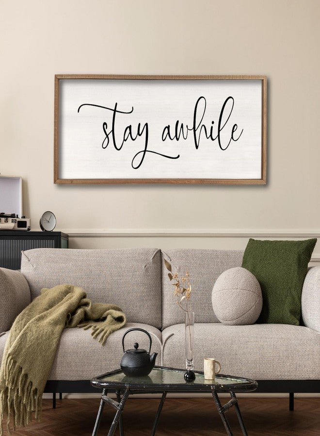 comurdyo Stay Awhile Sign Wall Decor 32"X12" Large Living Room Entryway Wood Framed Rustic Wall Decor for Vintage Farmhouse Foyer Hanging Lets Stay Home Wall Art (Wood) - Image 1