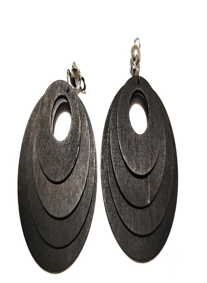 Divas Diggables Clip-on Earrings Bohemian Wood Earrings Circle Hoops Dangle Assorted Colors 3 inch Large (Black) - Image 1