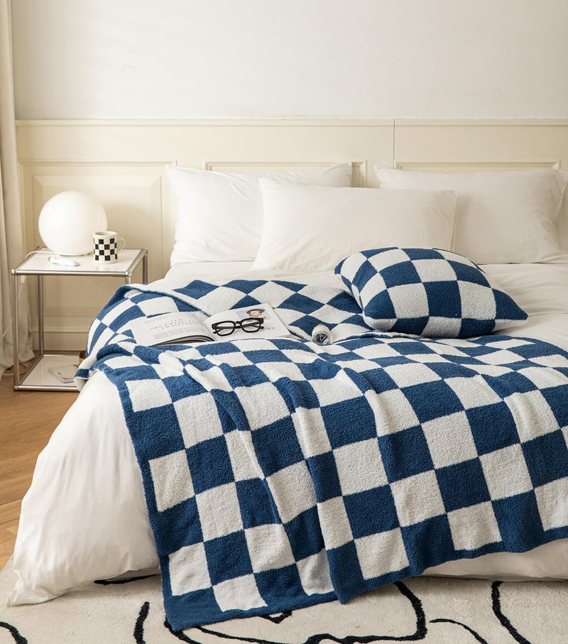 REPRECONF Ultra-Soft Buffalo Checkerboard Grid Fluffy Microfiber Knitted Throw Blanket Super Cozy Lightweight Checkered Bed Blanket for Sofa Couch Bed Navy 51"X63" - Image 1