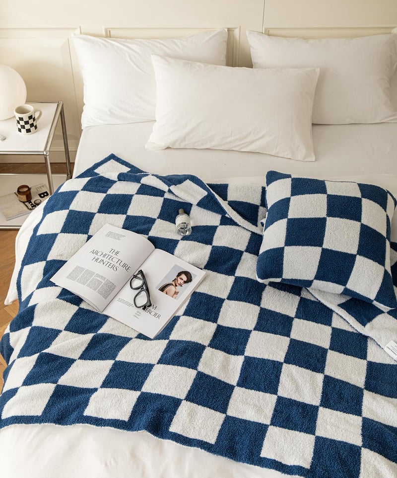 REPRECONF Ultra-Soft Buffalo Checkerboard Grid Fluffy Microfiber Knitted Throw Blanket Super Cozy Lightweight Checkered Bed Blanket for Sofa Couch Bed Navy 51"X63" - Image 3