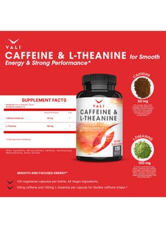 VALI VALI Caffeine 50mg & L Theanine 100mg - Caffeine Pills & L-Theanine for Smart Smooth Energy & Focus Supplement. Nootropic Brain Booster Cognitive Support Stack & Focused Clarity. 120 Veggie Capsules  - Image 2