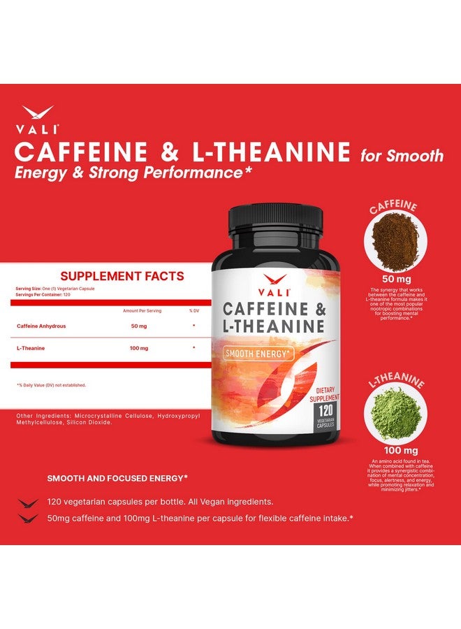 فالي VALI Caffeine 50mg & L Theanine 100mg - أقراص الكافيين وL-Theanine للحصول على طاقة ذكية وسلسة ومكملات التركيز. معزز للدماغ منشط للذكاء لدعم الإدراك ووضوح التركيز. 120 كبسولة نباتية - Image 2