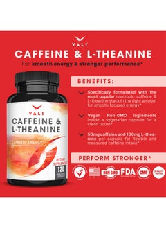 VALI VALI Caffeine 50mg & L Theanine 100mg - Caffeine Pills & L-Theanine for Smart Smooth Energy & Focus Supplement. Nootropic Brain Booster Cognitive Support Stack & Focused Clarity. 120 Veggie Capsules  - Image 3