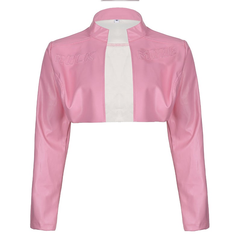 Generic Cross-border PU leather color contrast stitching printing Zhang Zi stand collar zipper long sleeve slim-fit short trend motorcycle jacket women 25671 pink (weight 0.23kg) 