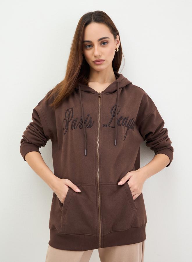 Styli Brown Longline Sweatshirt with Embroidered Detail - Image 1