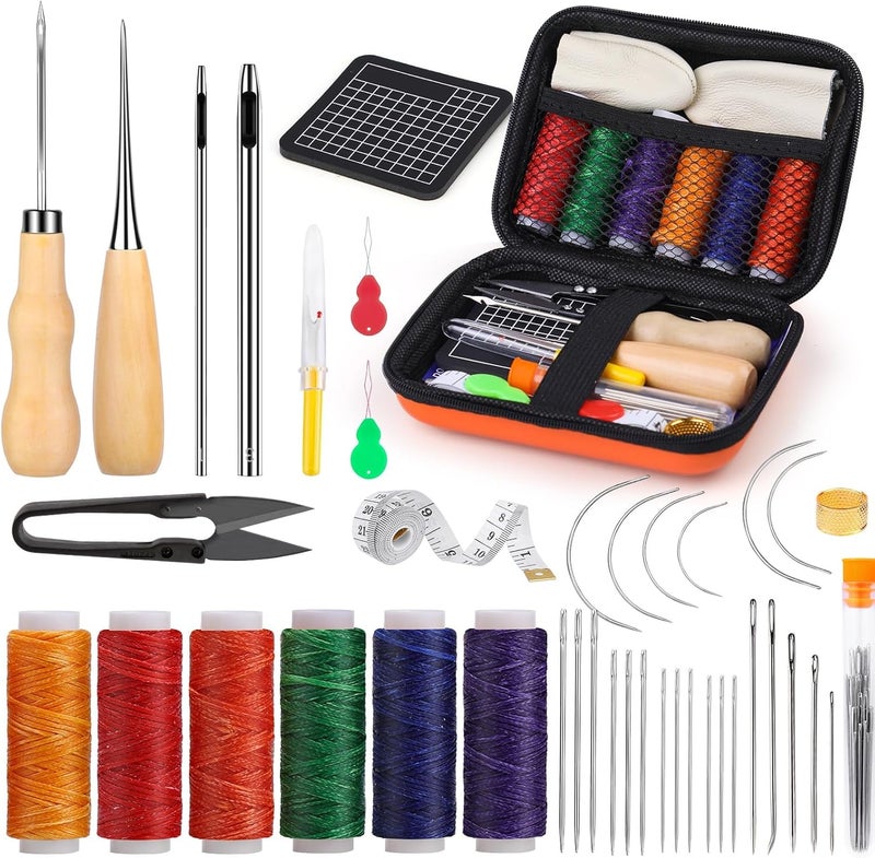 MORFEN Leather Sewing Kit Upholstery Repair Kit Leather Stitching Kit with Hole Punch, Waxed Thread, Sewing Awl, Upholstery Needles, Leatherworking Tools for Hand Stitching Furniture, Car, Sofa - Image 1