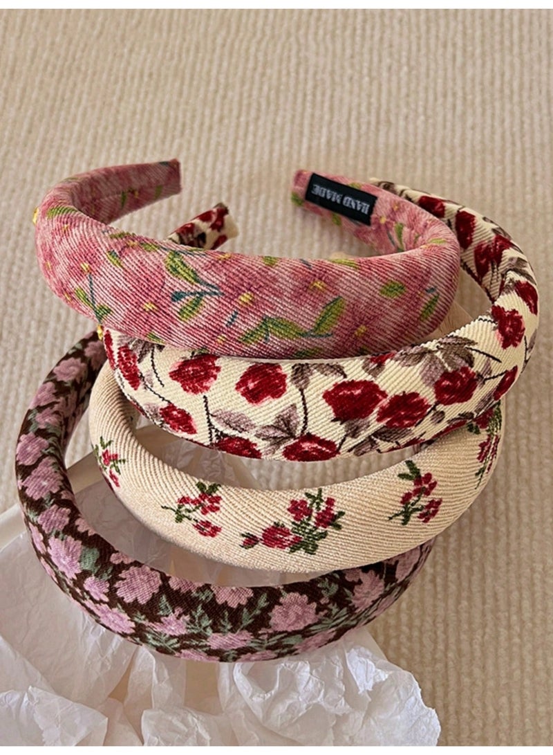 خاجول طقم 4 قطع عصابات شعر عريضة مزهرة، بتصميم كلاسيكي عتيق للنساء والبنات، مقاومة للانزلاق مثالية للاستخدام اليومي والهدايا - Image 2