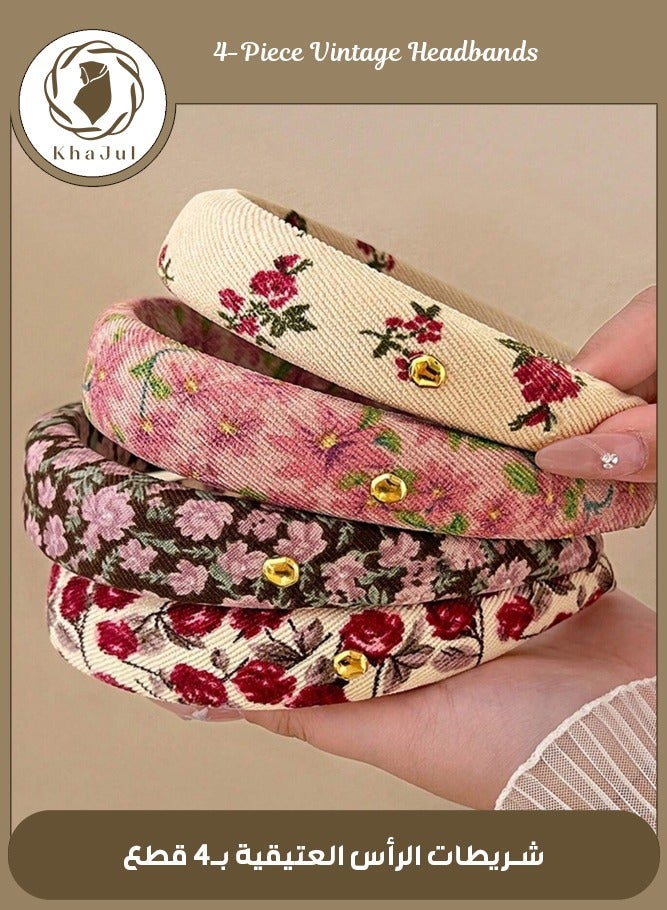 خاجول طقم 4 قطع عصابات شعر عريضة مزهرة، بتصميم كلاسيكي عتيق للنساء والبنات، مقاومة للانزلاق مثالية للاستخدام اليومي والهدايا - Image 1