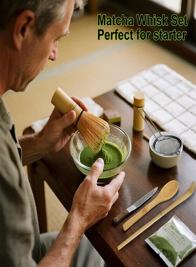 QUMMFA Bamboo Matcha Whisk Set 5Pcs, Matcha Whisk, Ceramic Whisk Holder (Green), Sifter, Traditional Tea Scoop and Tea Spoon, Japanese Matcha Ceremony, Gift for Matcha Lovers Beginner - Image 2
