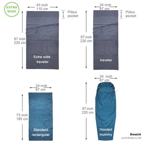 Browint Silk Sleeping Bag Liner, Silk Sleep Sack, Extra Wide 87"x43", Lightweight Travel Sheet for Hotels, More Colors for Option, Reinforced Gussets - Image 3