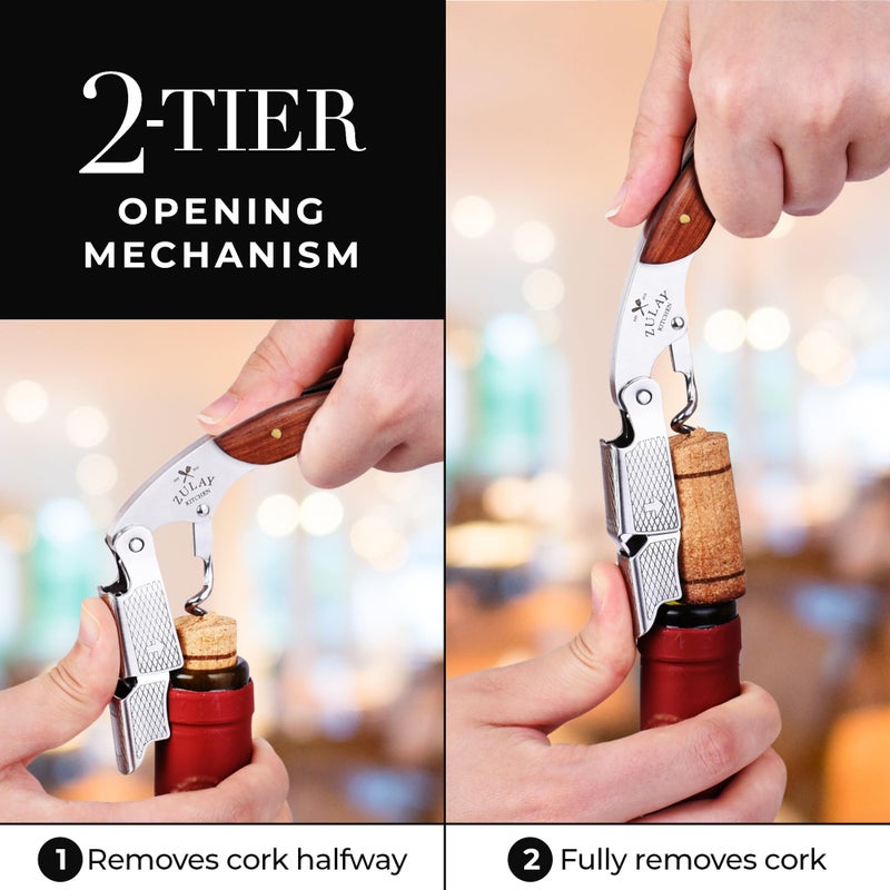 Zulay Kitchen Corkscrew Wine Opener - Premium 420 Stainless Steel & Rosewood Wine Bottle Opener - Double Hinged Opener with Foil Cutter & Cap Remover - Rosewood - Image 5