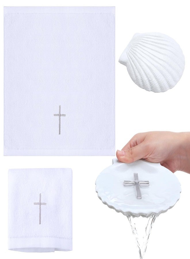 SmoothNovelty Baptism Towel Shell Set for Boys Girls Baptism Towel with Shell Set Baptismal Cloth Christening Towels with Embroidery Cross Baptismal Shells Gifts for Christening Party Favors (Silver) - Image 1