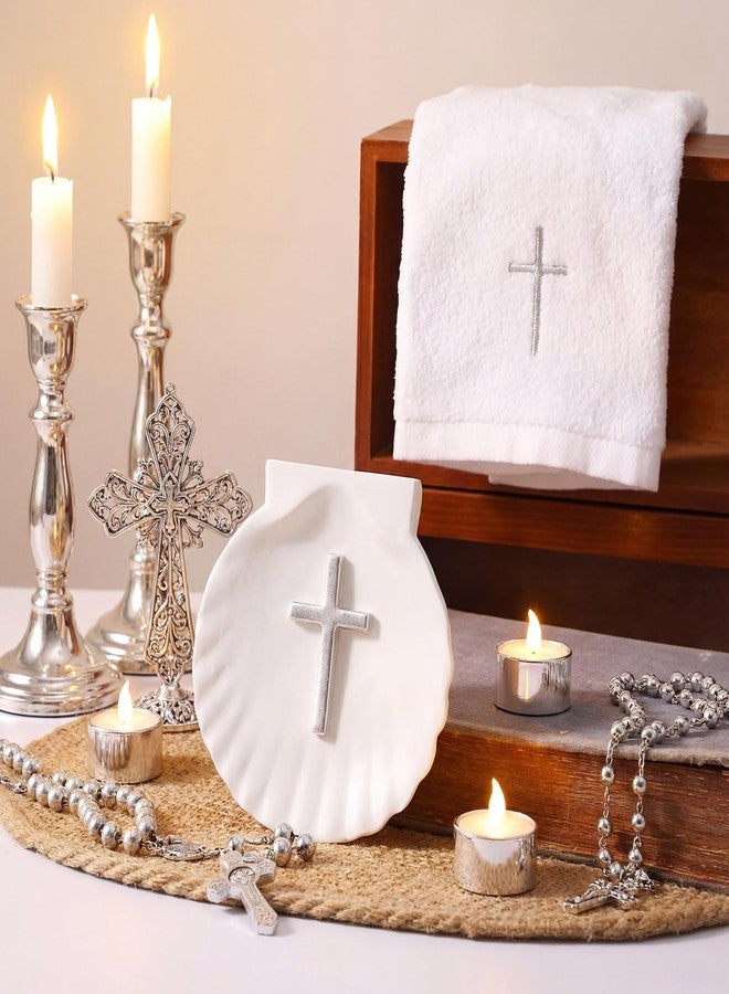 SmoothNovelty Baptism Towel Shell Set for Boys Girls Baptism Towel with Shell Set Baptismal Cloth Christening Towels with Embroidery Cross Baptismal Shells Gifts for Christening Party Favors (Silver) - Image 4