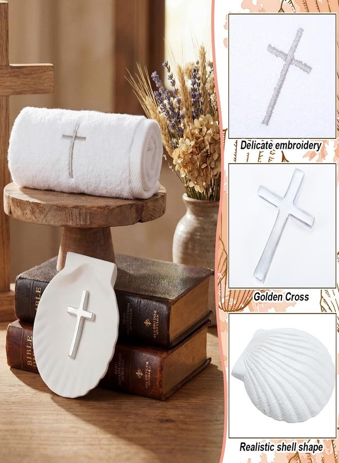 SmoothNovelty Baptism Towel Shell Set for Boys Girls Baptism Towel with Shell Set Baptismal Cloth Christening Towels with Embroidery Cross Baptismal Shells Gifts for Christening Party Favors (Silver) - Image 3