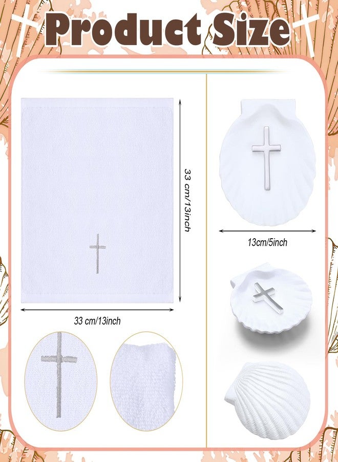 SmoothNovelty Baptism Towel Shell Set for Boys Girls Baptism Towel with Shell Set Baptismal Cloth Christening Towels with Embroidery Cross Baptismal Shells Gifts for Christening Party Favors (Silver) - Image 2